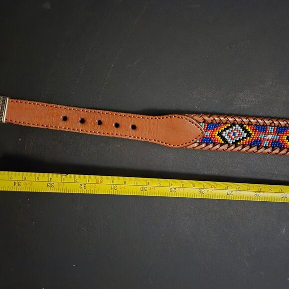 Multicolor beaded brown leather belt with beautiful hardware. main image 4